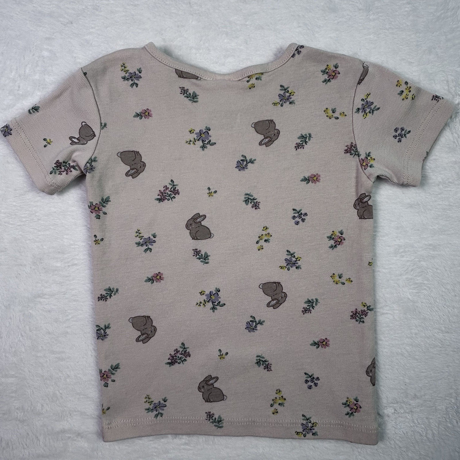 H&M T Shirt Toddler Girls 2Y Taupe Bunny Floral Short Sleeve Cotton thumbnail 2