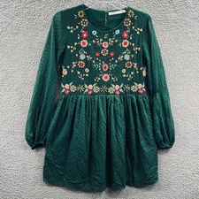Zara Trafaluc Womens Boho Mini Dress Green Floral Embroidered Cottagecore Artsy