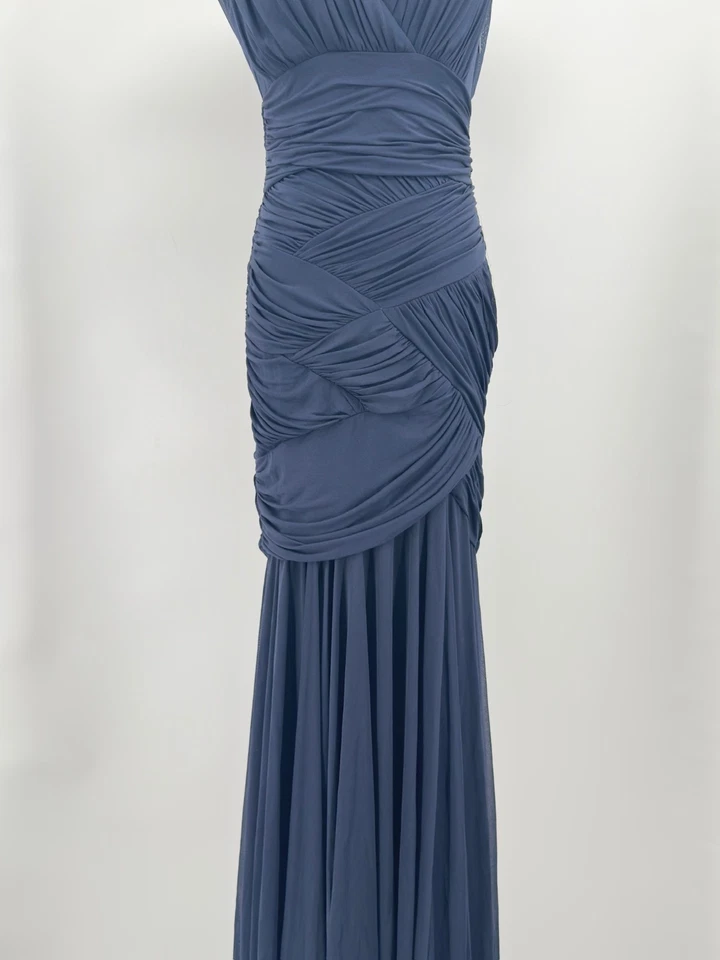Vestido largo drapeado azul Halston Heritage para mujer talla S cuello en V sin mangas Foto 3 de 4