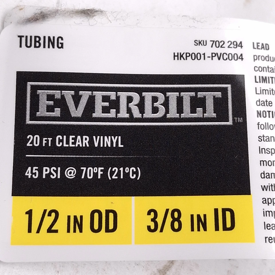 Lot of 5 Everbilt HKP001-PVC004 Clear PVC Vinyl Tubing, ø1/2" OD x ø3/8" ID, 20' - Image 2 of 4