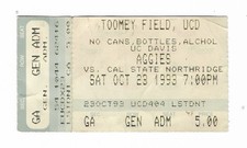 California Davis Aggies -Cal State Northridge 10/23/93 UCD Ticket Stub