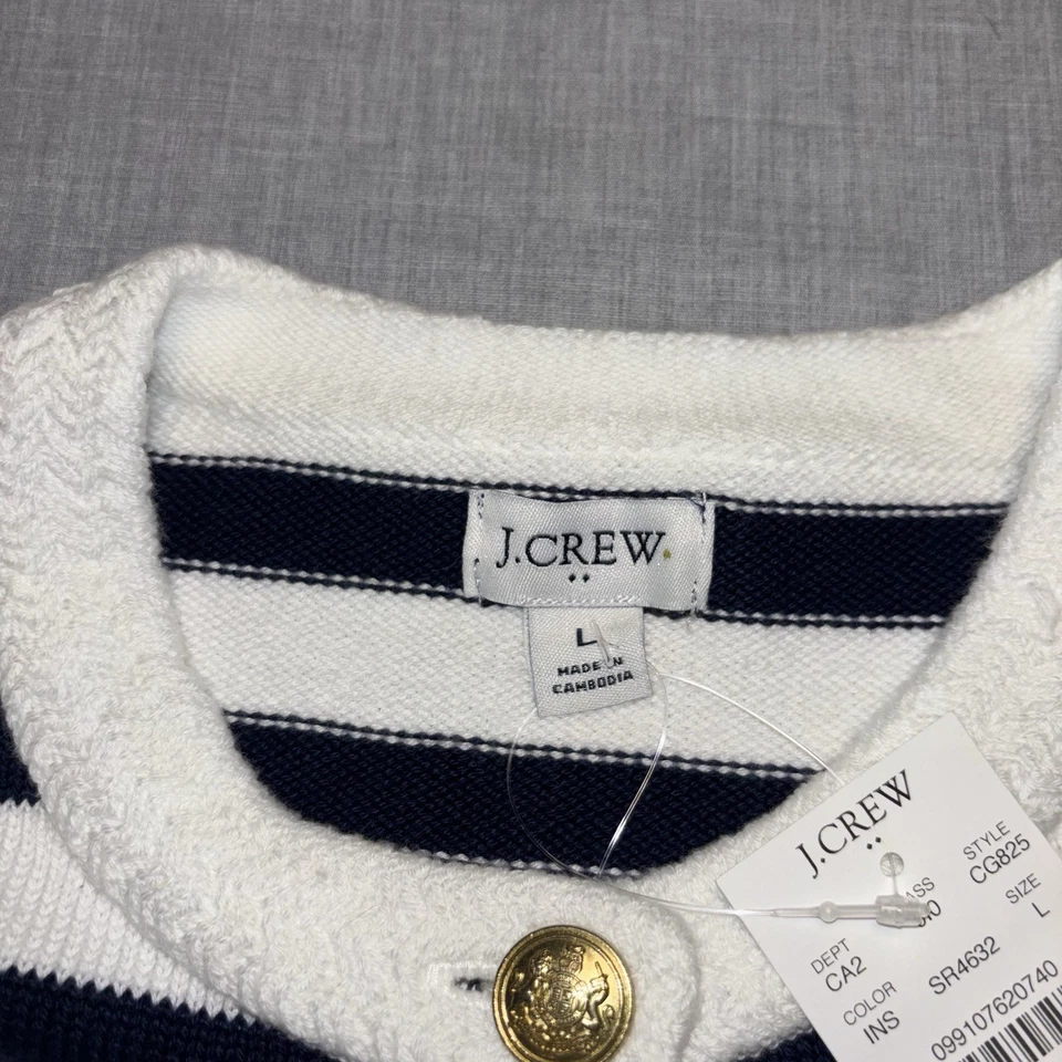 $138 J.Crew Cárdigan Mujer L Dama Chaqueta Azul Blanco Rayas Dorado Botón Suéter Foto 3 de 4