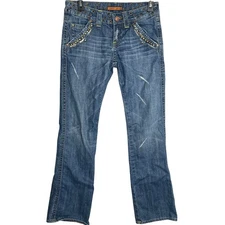 Vigoss Jeans Junior 3 Blue Denim Bootcut Embellished Flap Back Pockets Y2K Retro