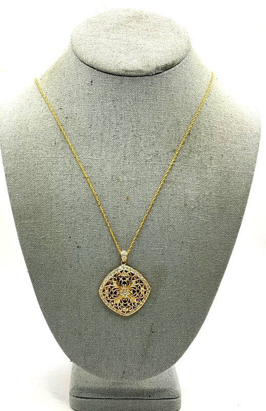 DO48 Vintage925 Sterling Silver Gold Tone Filigree CZ Statement Pendant Necklace