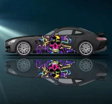 Colorful Skull Racing Stripe Car Body Sticke; Vintage Style Decal Both Sides
