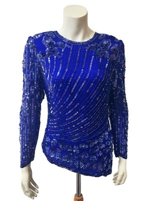 Vintage 80s Royal Blue Sequin Silk Top- Handmade By Scala - Disco Blouse