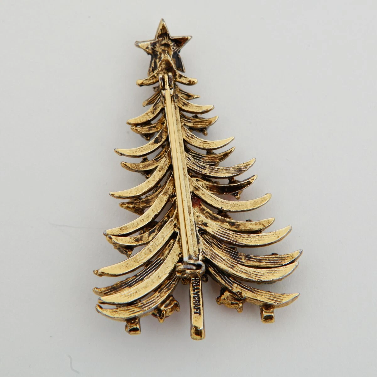 Vintage Hollycraft Christmas Tree Brooch Multi Color Rhinestones Gold Toned Pin