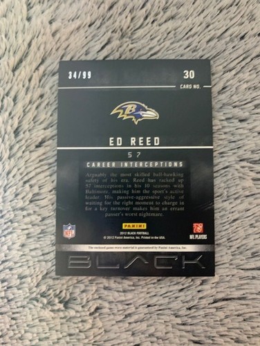 Ed Reed 2012 Panini Black Stat Line GU Material Jersey Relic /99 SP - Picture 2 of 2