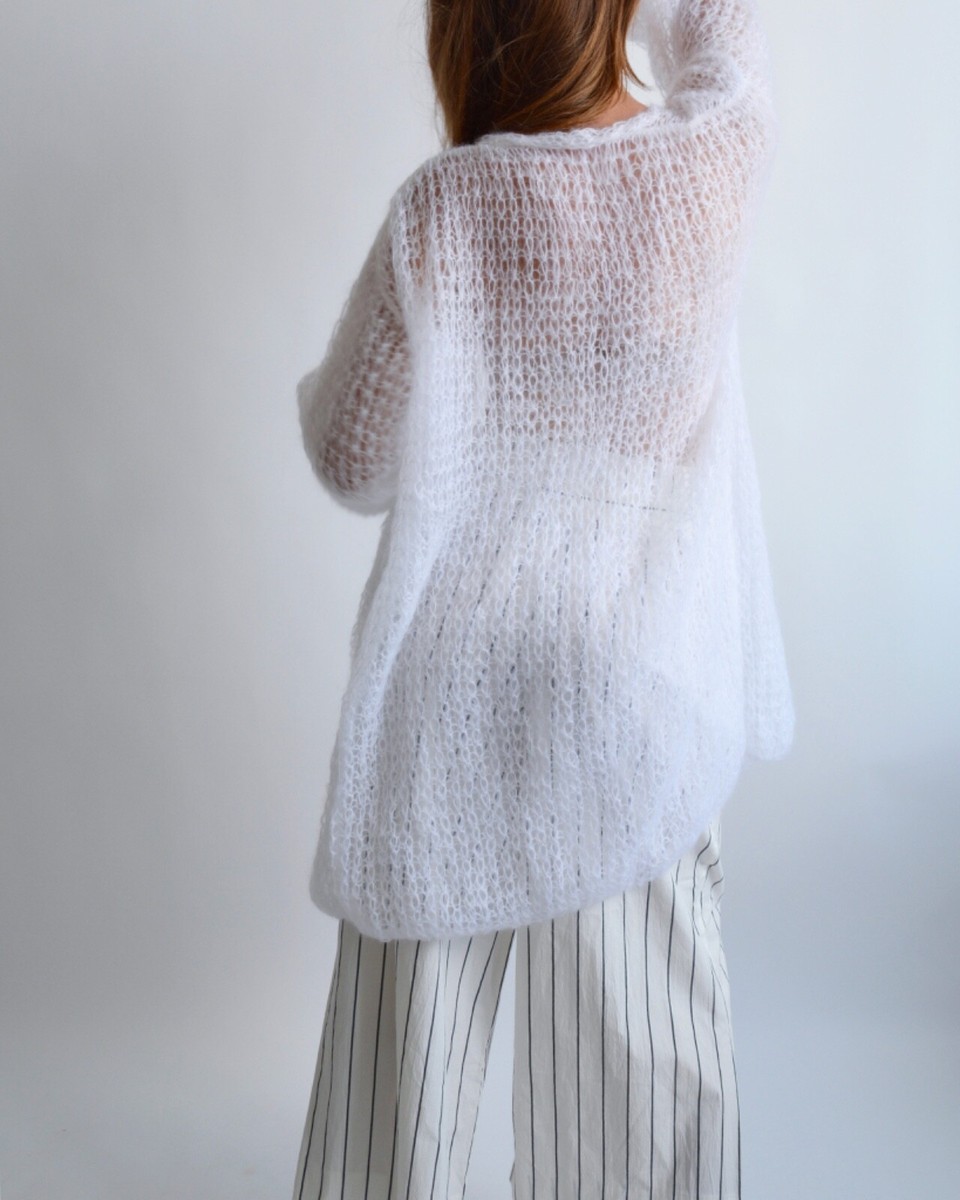 White mohair light cardigan, long open front cardigan, loose knit cardigan White mohair light cardigan, long open front cardigan, loose knit cardigan