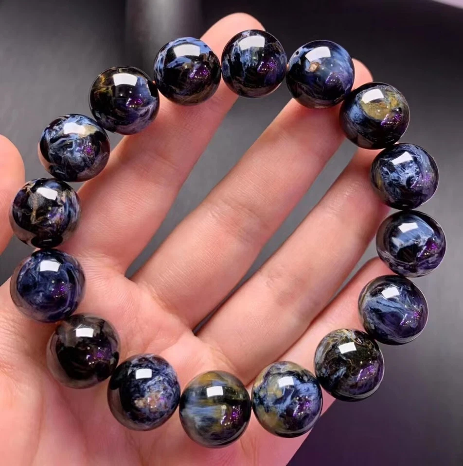 Pulsera de curación de cuentas redondas de piedra azul pietersita natural genuina AAAA 13,7 mm Foto 3 de 4