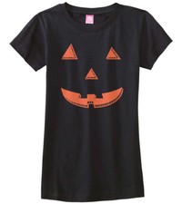 Orange Halloween Pumpkin Face Girls Fitted T-Shirt Jack O Lantern Costume