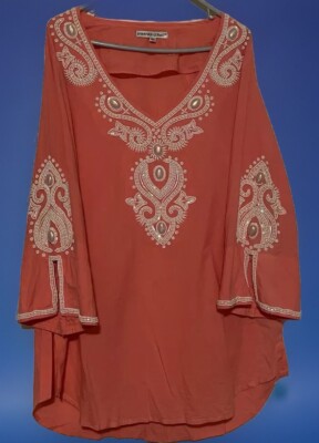 Barbara Gerwit Women s Top Size 2X Bedazzled Beaded Cotton Party