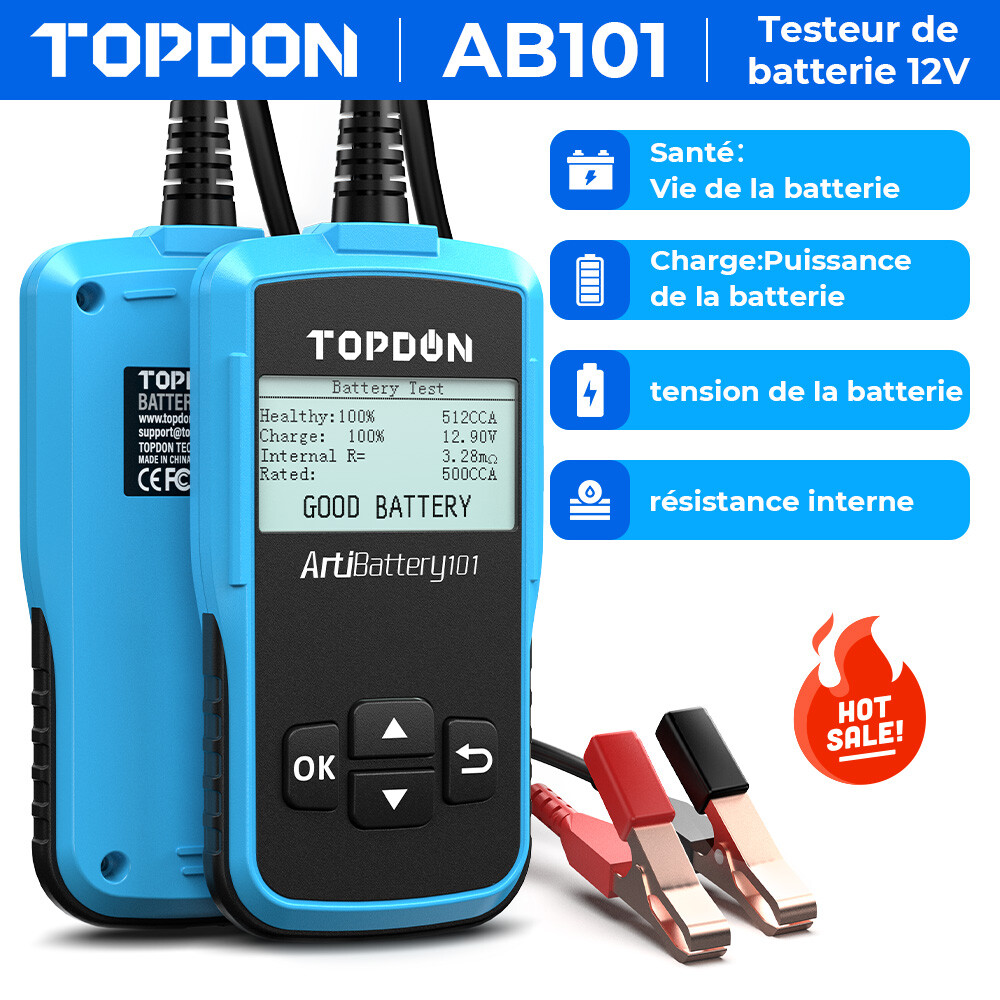 Batterie faible ? Le testeur de batterie de voiture 12V TOPDON AB101 valide la charge de 100-2000CCA