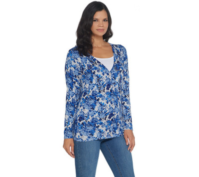 Quacker Factory Floral Printed Button Front V-Neck Knit Cardigan  Light Navy  S