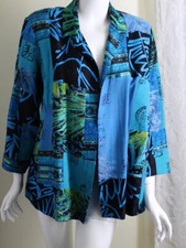 AMAZING Chico's 2 L Asian Art-to-Wear Patchwork Open Jacket Silk Linen