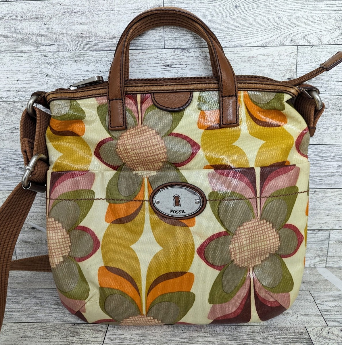 Vintage Fossil Womens Key-Per Floral Crossbody Bag Purse With