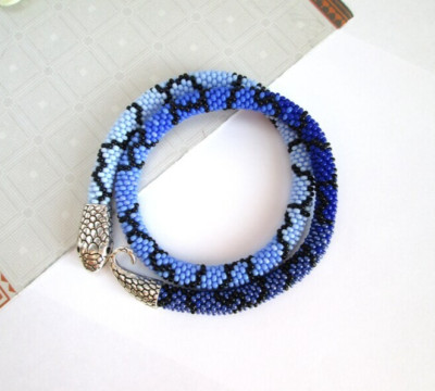 Beaded crochet bracelet necklace Blue Snake bracelet Ouroboros jewelry