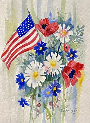 Bouquet Of Flowers With American Flag Original Watercolor Painting