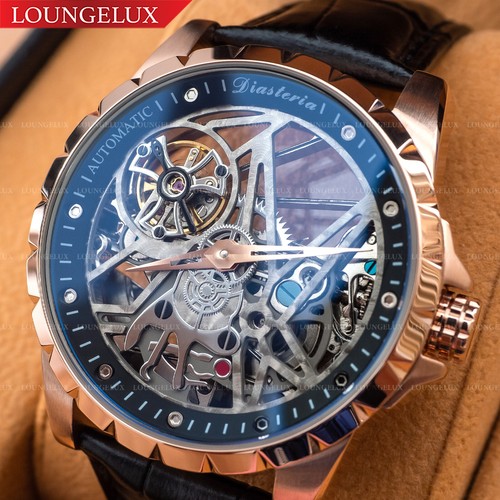 Reloj mecánico automático esqueleto para hombre - oro rosa esfera negra cuero - Imagen 1 de 12