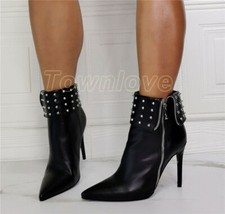 Women Runway Studded Booties Pointy Toe Zip Ankle Boots Stiletto High Heel Shoes