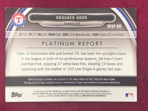 2013 Bowman Platinum Rougned Odor Silver On Card Auto Texas Rangers - Picture 2 of 3