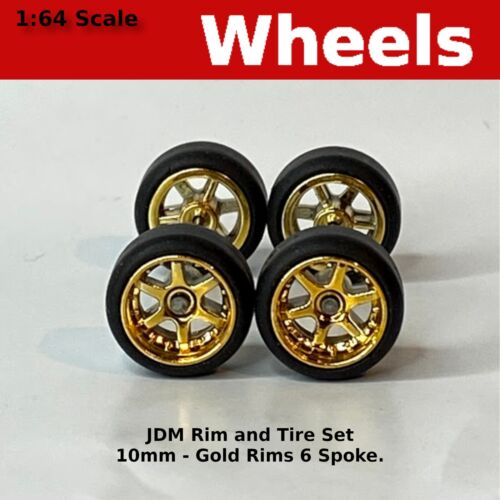 Gold 6 spoke Real Riders JDM Wheels and Tires Set for 1/64 for Hot Wheels - Picture 1 of 5