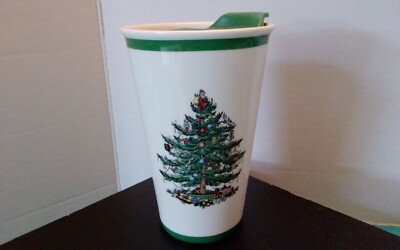 Spode Christmas Tree Ceramic Travel Tumbler MUG w/ Green Silicone Lid 8 oz. Cup