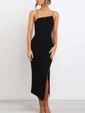 Women Asymmetric Shoulder Cocktail Evening Midi Dress in Black with Side Slit