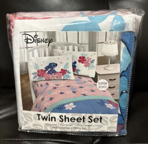 NEW Disney Lilo & Stitch "Paradise Dream" Twin 3 Pc Sheet Set Pink - Afbeelding 1 van 4