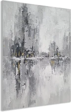 Abstract Cityscape Oil Painting with Gold Foil Accents, Hand Painted Textured Mo