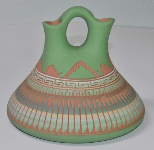 STUPENDA BROCCA VASO DOPPIO DIPINTA NAVAJO CERAMICA DENA JOHNSON NATIVI AMERICANI 5”x6”