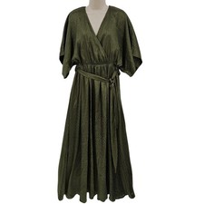 Baltic Born Dress Women L Green Satin Animal Print Wrap Maxi Boho Formal Wedding