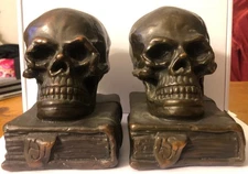 Antique BRONZE SKULL Bookends  Solid & Heavy  Bronze over Plaster  On Books