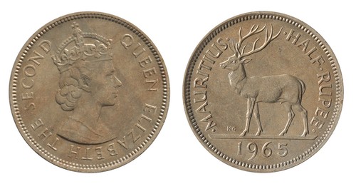 Mauritius 1/2 Rupee, 1965-1978, KM #37, XF-Extremely Fine