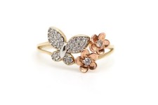 14k Gold Butterfly and Flower Ring with Cubic Zirconia for Women and Girls
