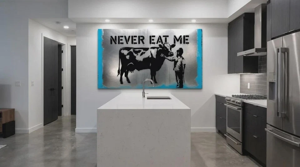 Banksy Hommage Never eat me gebürstetem Silber-Alu  XXL, limitiert, edel Pop Art - Bild 3 von 4