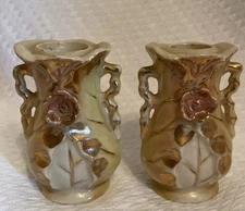 Lipper Mann Ceramic Candle Holder Set 2 Gold Guilded 4” Floral Cabbage  Japan