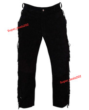 Mens Black Suede Lambskin Leather Fringe Pants Motorcycle Party Biker Style Wear