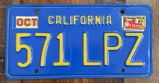 California 1980s Vintage License Plate &ldquo;571 LPZ&rdquo; Blue And Gold Collectible Plate