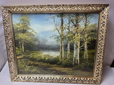 vintage oil on board framed Green Trees Along River