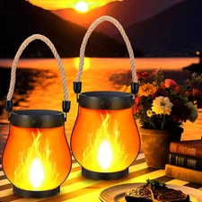 2 Pack Solar Flame Lantern Lights — Flickering Flame Hanging Lanterns Outdoor, W