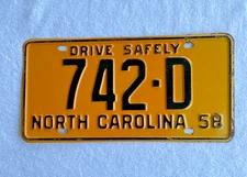 Vintage 1958 North Carolina License Plate Tag Original #742-D