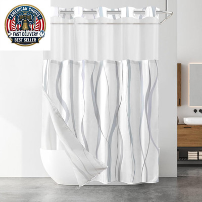 No Hook Shower Curtain with Snap in Liner Set, Grey and White Striped Design, Wa