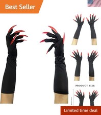 Glamorous Halloween Witch Demon Gloves with Red Glitter Fingernails - 1 Pair