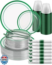 Goodluck 350 Piece Green Plastic Plates, Clear Plastic Silverware