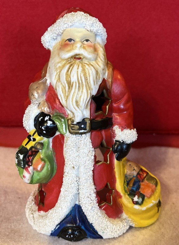 VTG. Ceramic Santa Claus Holding Bear & Toys 5.25 x 3.5 Tea Light Candle Holder