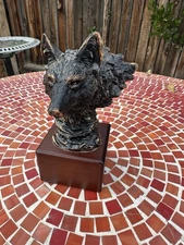 Bronze Wolf Bust Sculpture On A Wooden Base 6”