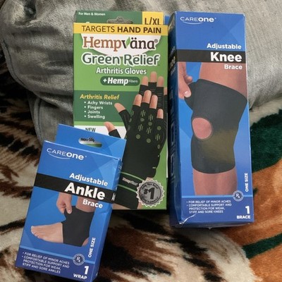 Hempvana Arthritis Gloves L/XL CareOne Adjustable Knee & Ankle Braces Black