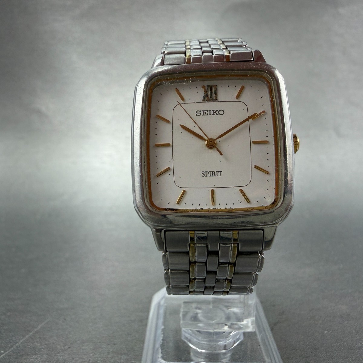 Seiko Spirit Tank Watch Men 28mm White Dial Two Tone Rectangle