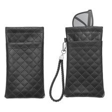 2Pcs Black Double Squeeze Top Eyeglass Pouch with Carrying Strap 
